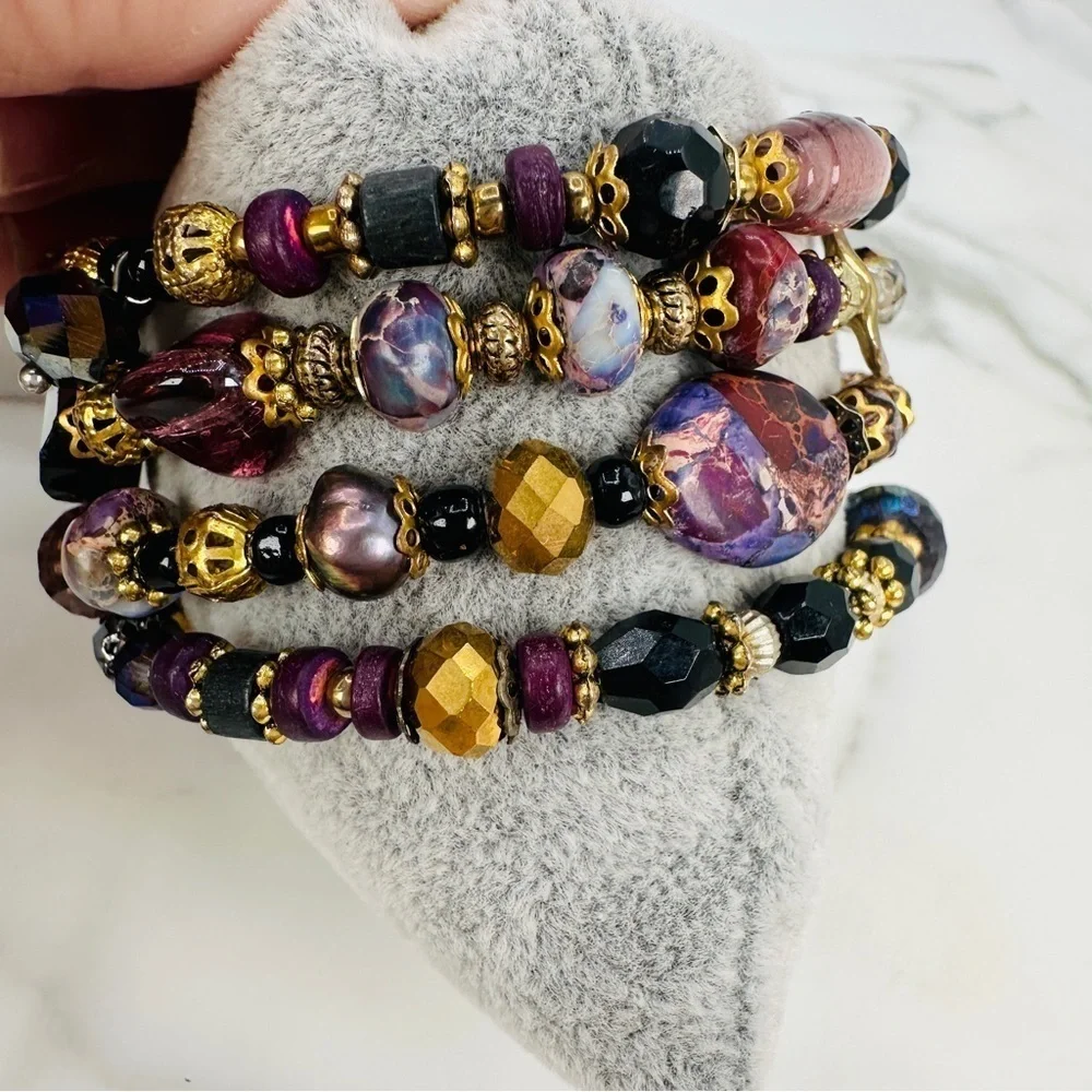 Glass & Stone Wrap Bracelet Faceted Aurora Borealis Beads Purple Black Gold Glam